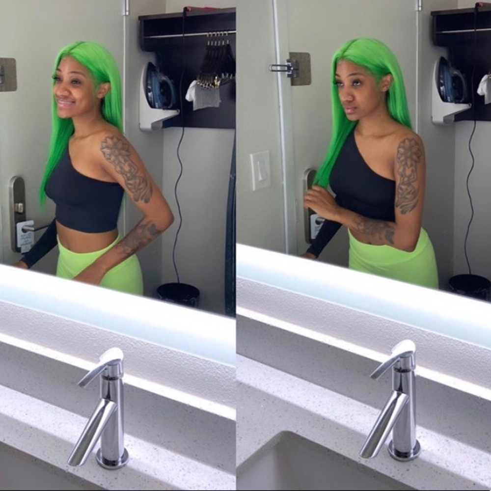 (Sold) 20” straight Indian, green lace front wig.